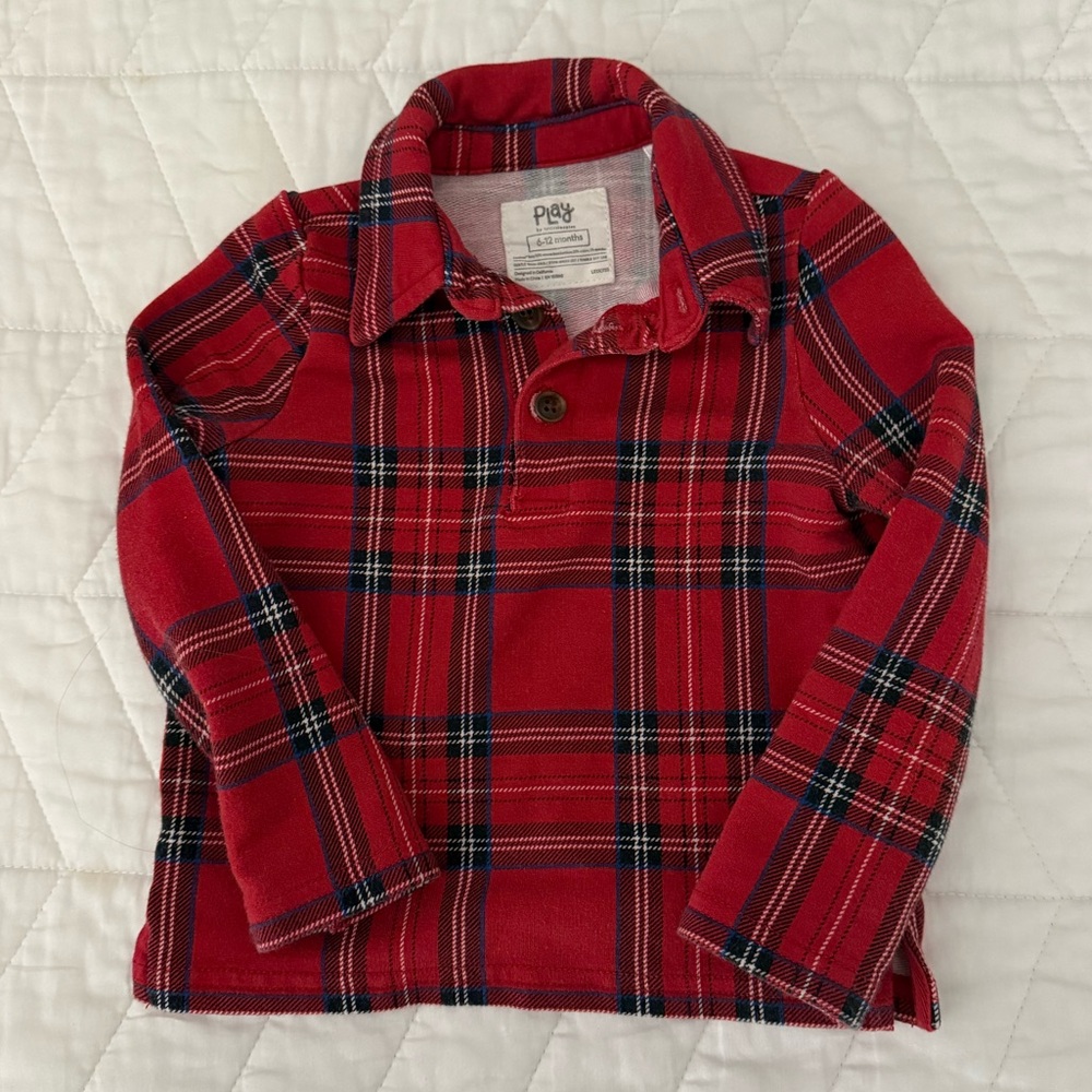 6-12 Month- Little Sleepies Long Sleeve Plaid Red Polo Shirt
